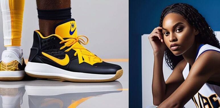 Yellow NBA Shoes on the left, AI Generated basketball player with jersey on the right
